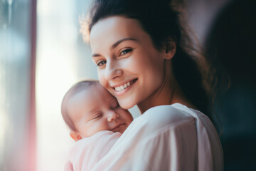 close up portrait of mother holding her newborn baby girl close to her face and smiling