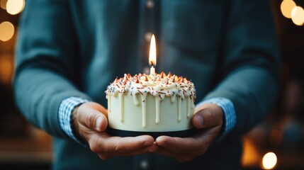 Sticker - A man holding a small cake with candles, AI