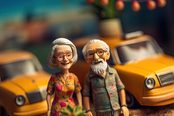 Miniature toy figures of happy elderly couple on the background of yellow cars