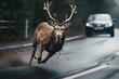 Be aware of deer crossing the road. Caution, wild animals. Ai Generative