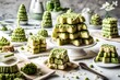 Picture a tree-shaped stack of matcha-flavored rice crispy treats, with white chocolate drizzle as decorations