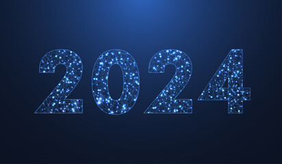 Fototapete - Modern futuristic technology template banner or cover for Merry Christmas and Happy New Year 2024 with connected lines and dots. Plexus geometric effect. Global network connection, illustration.