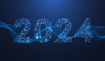 Fototapete - Modern futuristic technology template banner or cover for Merry Christmas and Happy New Year 2024 with connected lines and dots. Plexus geometric effect. Global network connection, illustration.