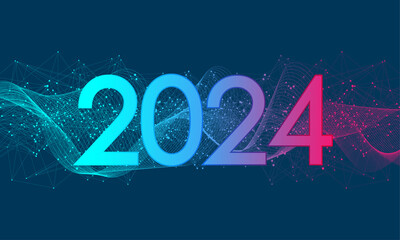 Fototapete - Modern futuristic technology template banner or cover for Merry Christmas and Happy New Year 2024 with connected lines and dots. Plexus geometric effect. Global network connection, illustration.