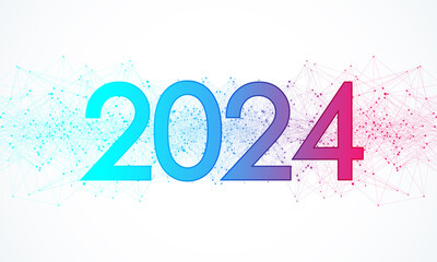 Fototapete - Modern futuristic technology template banner or cover for Merry Christmas and Happy New Year 2024 with connected lines and dots. Plexus geometric effect. Global network connection, illustration.