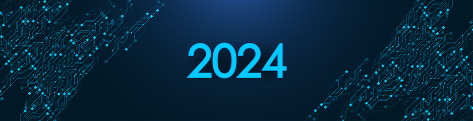 Fototapete - Template New Year and Happy Christmas cards in the style of new technology 2024. Christmas 2024 year on printed circuit board. Digits 2024 illustration in electronic technology style