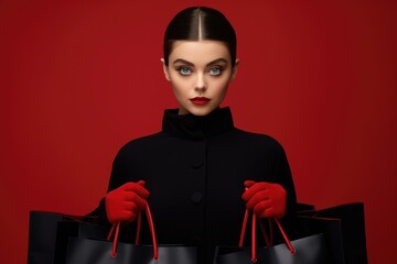 Wall Mural - Portrait of a girl in black holding shopping bags on the red background in honor of Black Friday