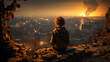Little boy looks at a city at war in Israel