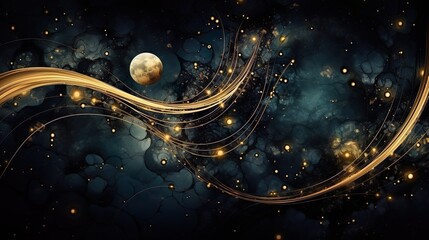 cosmic background with golden glitter dark blue sky, galaxy, universe