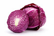 Red cabbage and cut piece of red cabbage on white background.