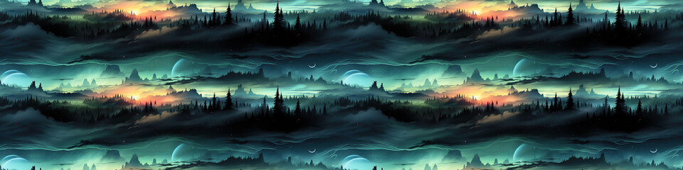 Wall Mural - panorama with green northern lights at night in the sky with stars with a seamless pattern on the ba