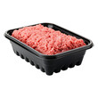 Raw minced meat in a black plastic tray container isolated on transparent or white background, png
