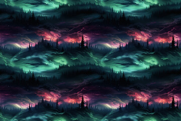 Wall Mural - landscape with multicolored northern lights at night in sky with stars with a seamless pattern on ba