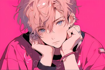 Wall Mural - anime young handsome guy with blond hair on a bright pink background