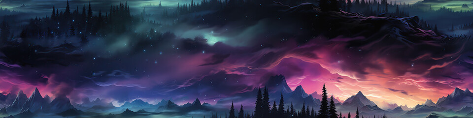 Wall Mural - panorama landscape with multicolored northern lights at night in a colorful sky with stars with a se