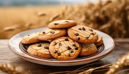 National Cookie Day chocolate chip cookies on wooden table in wheat field background. Homemade sweets panorama.
