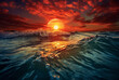 A sunset in the waters with waves and clouds, in dark cyan and red hues, displaying intense color saturation, vignetting, and a beautiful, long-distance, and deep-distance atmosphere.