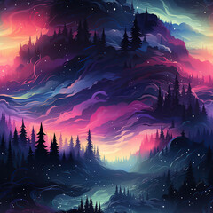Wall Mural - landscape with purple northern lights at night in the sky with stars with a seamless pattern on the 