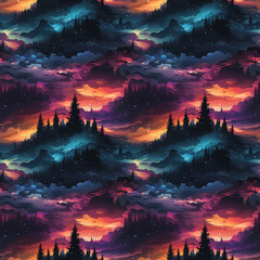 Wall Mural - landscape with purple northern lights at night in the sky with stars with a seamless pattern on the 