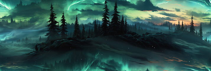 Wall Mural - panorama with green northern lights at night in the sky with stars with a seamless pattern on the ba
