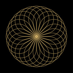 Aufkleber - Abstract luxury gold lines weaving pattern in circle shape, golden light fractal isolated on black background. Vector illustration