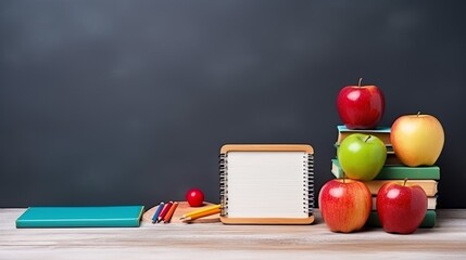 Wall Mural - school stuff with copy space on green blackboard. back to school concept background 3d rendering bac