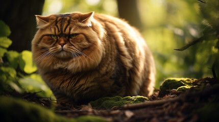 Fat cat walking in the forest