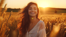Beautiful Young Woman In The Wheat Field Sunset