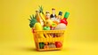 Basket with foods on yellow background. Supermarket shopping concept. 3d rendering