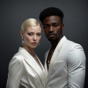 Portrait of a pale blond woman and a black man elegently dressed in pure white, looking at the camera. Fashion. Wedding.