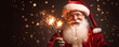 © Oleksandr - Santa Claus holds sparklers in his hand. festive Christmas banner. copy space. ai generative