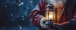 Santa Claus holding a Christmas lantern in his hand, snow blizzard, copy space, Christmas holiday banner. AI generative