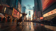 A small dog sits on a shiny city sidewalk, looking up at the tall buildings and bright screens at dusk