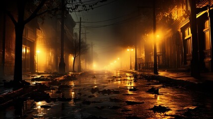 Wall Mural - Desolate, dark street shrouded in smoke.