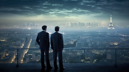 businessmen overlooking paris cityscape