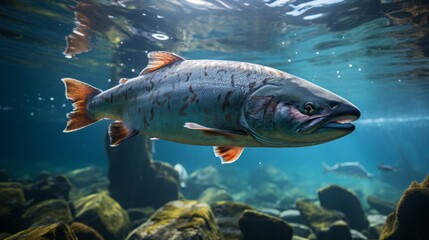 Wall Mural - Salmon fish swim in the white-water rivers of northern territory, or Alaska. Brown trout, underwater photo, preparing for spawning in its natural river habitat, shallow depth of field