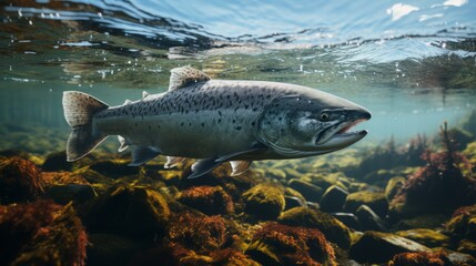 Wall Mural - Salmon fish swim in the white-water rivers of northern territory, or Alaska. Brown trout, underwater photo, preparing for spawning in its natural river habitat, shallow depth of field