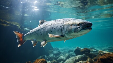 Wall Mural - Salmon fish swim in the white-water rivers of northern territory, or Alaska. Brown trout, underwater photo, preparing for spawning in its natural river habitat, shallow depth of field