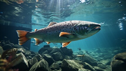 Wall Mural - Salmon fish swim in the white-water rivers of northern territory, or Alaska. Brown trout, underwater photo, preparing for spawning in its natural river habitat, shallow depth of field