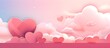 Happy st. Valentines day banner with red abstract illustrated hearts, pink paper hearts flying shining against dark red background with empty space for text, clouds, dreamy, couple love concept banner