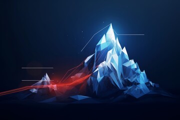 Wall Mural - The path to success in the digital futuristic style. Business goals achievement concept.  illustration of a mountain with a flag in a polygonal wireframe, Generative AI