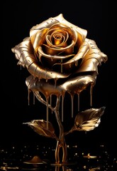 A Shimmering Golden Rose with Glistening Droplets on a Dark Canvas