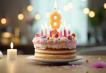 Birthday cake with eight candles burning place on wooden desk with blurry background 