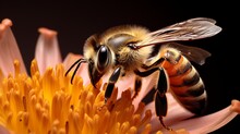 A Close-up Of A Bee Collecting Nectar From A Flower, Capturing The Fine Hairs On Its Body And The Pollen Grains Adhering To Its Legs, Illustrating The Intricate Process Of Pollination.