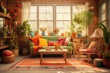 Fototapeta Uliczki - Cozy living room interior with plants and colorful home decor. Interior design and comfort.