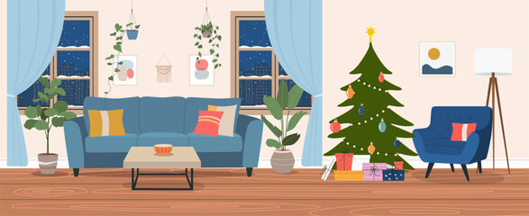 Wall Mural - Christmas living room interior. Vector flat  cartoon illustration
