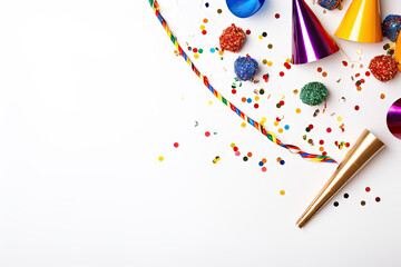 Colorful candies and confetti on white background with copy space