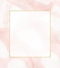 Watercolor card template with gold frame and abstract pink shapes. Hand drawn clipart. Perfect for card, postcard, tags, invitation, printing, wrapping.