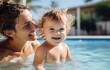 Photo of smiling mother and daughter in swimming pool  in sunny day, happy family summer vacation joyful and optimistic atmosphere, generative Ai