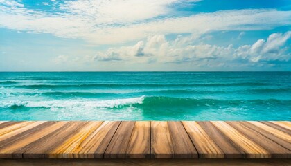 Canvas Print - wooden table top on blurred sea waves and sky empty wooden table with summer sea waves on background wooden table and sea use for backgroud with space